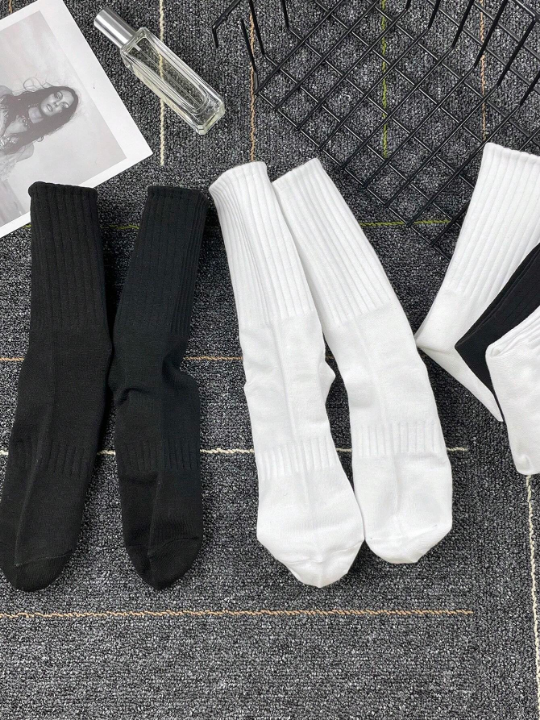 5pairs Women's Casual Black & White Mid-calf Socks For Spring And Autumn