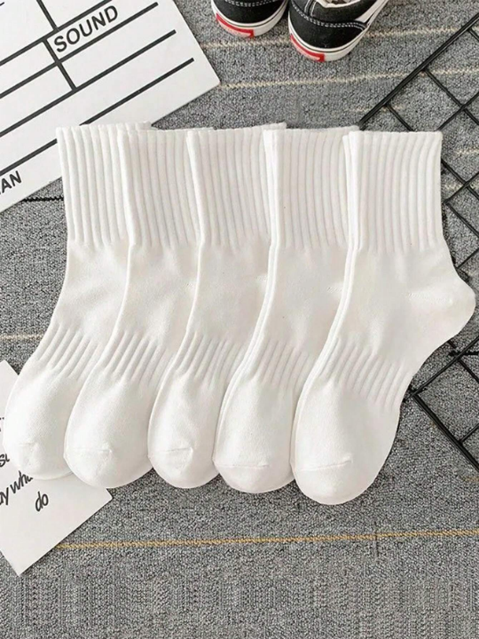 5pairs White Women's Spring And Autumn Casual Mid-calf Socks, Versatile Style For Couples