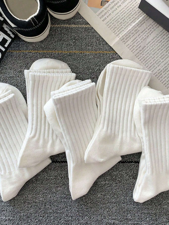 5pairs White Women's Spring And Autumn Casual Mid-calf Socks, Versatile Style For Couples