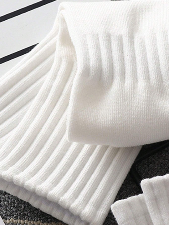 5pairs White Women's Spring And Autumn Casual Mid-calf Socks, Versatile Style For Couples