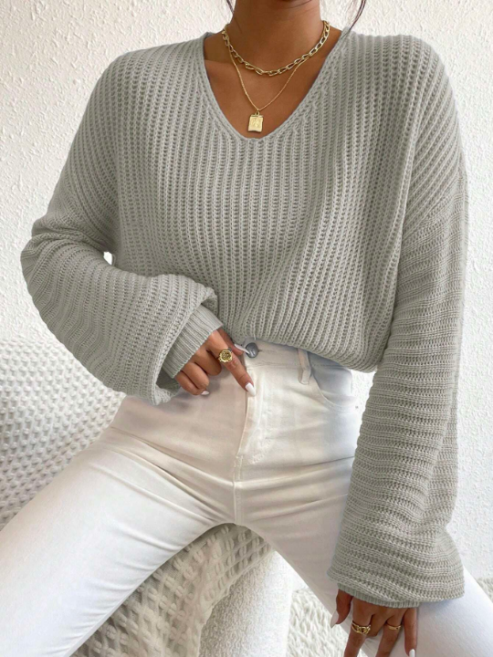 V Neck Drop Shoulder Ribbed Knit Sweater