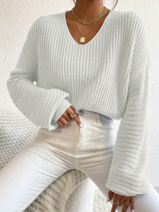 V Neck Drop Shoulder Ribbed Knit Sweater