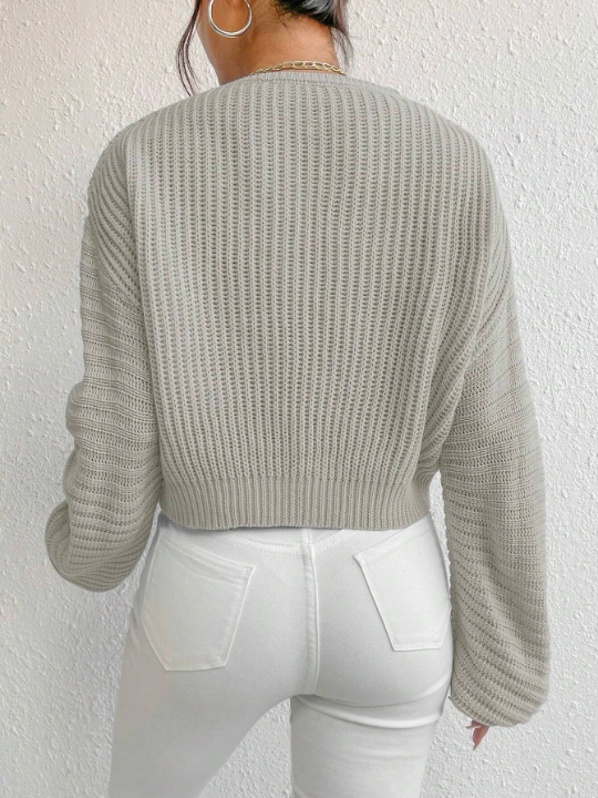 V Neck Drop Shoulder Ribbed Knit Sweater