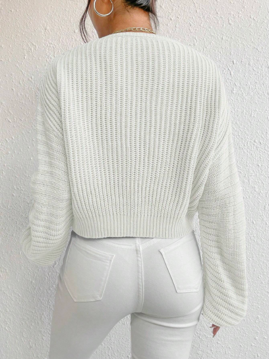 V Neck Drop Shoulder Ribbed Knit Sweater