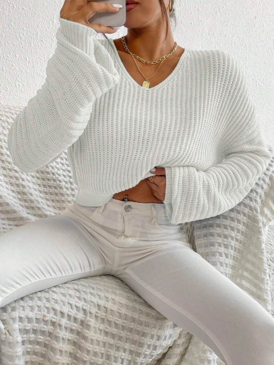 V Neck Drop Shoulder Ribbed Knit Sweater