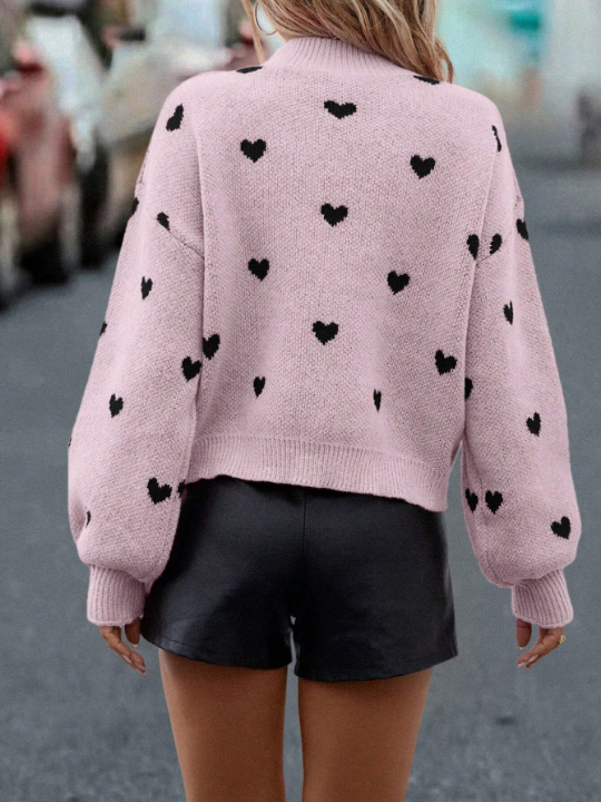 LUNE Heart Pattern Mock Neck Drop Shoulder Sweater