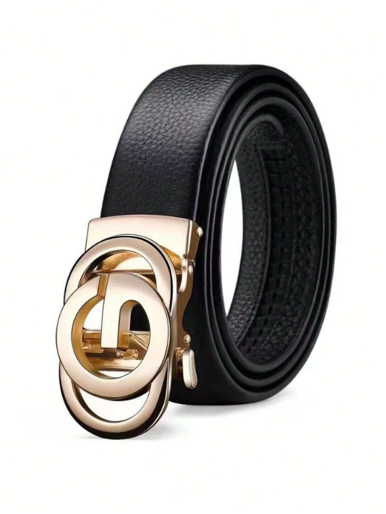 1pc Black Belt With Gold Buckle Suitable For Daily Business Wear,Men's Automatic Buckle Belt, Fashion Casual Business Style Youth Belt, With Jeans And Trousers To Use