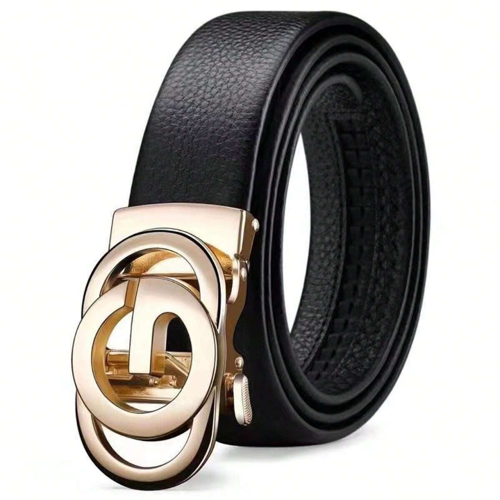 1pc Black Belt With Gold Buckle Suitable For Daily Business Wear,Men's Automatic Buckle Belt, Fashion Casual Business Style Youth Belt, With Jeans And Trousers To Use