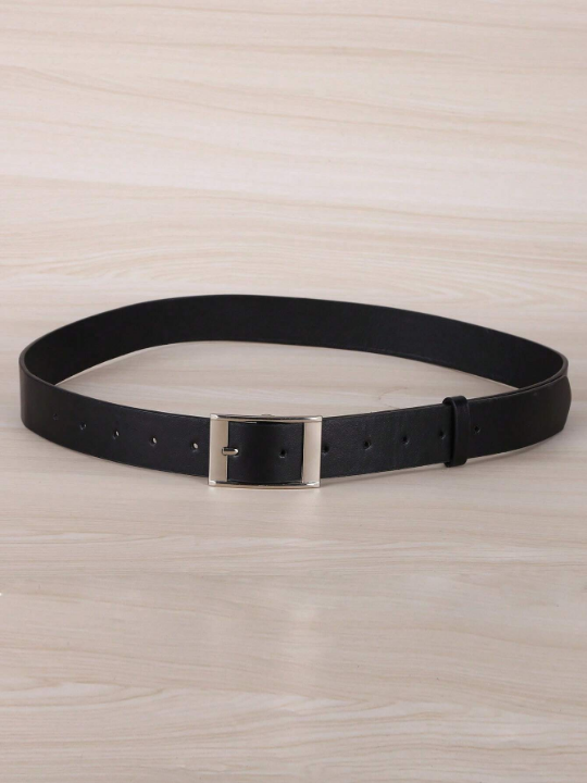 1pc Women's Black Rectangular Buckle Fashionable Plus-sized Belt, Suitable For Daily Use, With Lengthened Strap