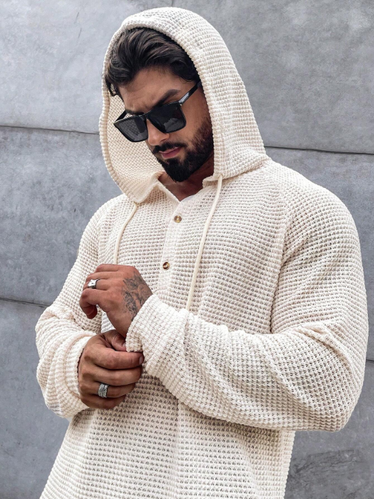 Manfinity Homme Loose Men's Half Button Raglan Sleeve Drawstring Hoodie