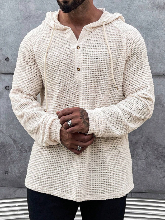 Manfinity Homme Loose Men's Half Button Raglan Sleeve Drawstring Hoodie