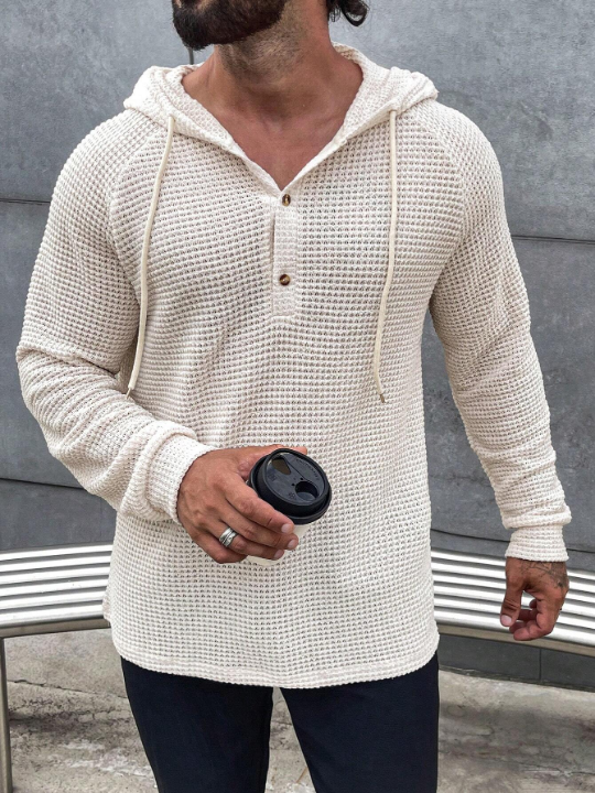 Manfinity Homme Loose Men's Half Button Raglan Sleeve Drawstring Hoodie
