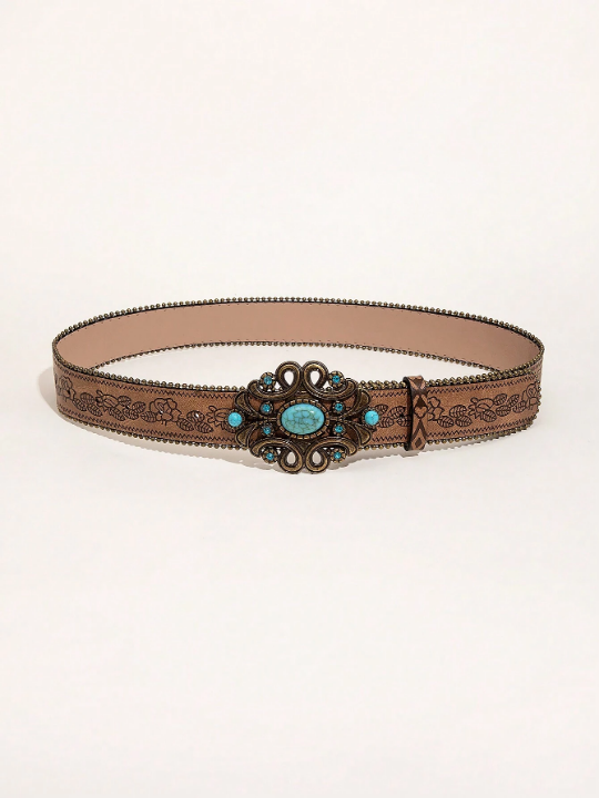 1pc Western Style Vintage Brown Pattern Pu Leather Belt With Beads