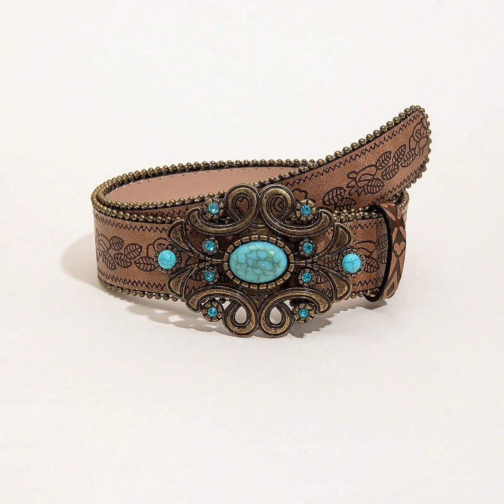 1pc Western Style Vintage Brown Pattern Pu Leather Belt With Beads