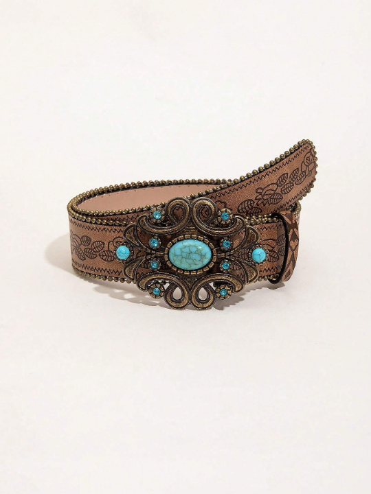 1pc Western Style Vintage Brown Pattern Pu Leather Belt With Beads