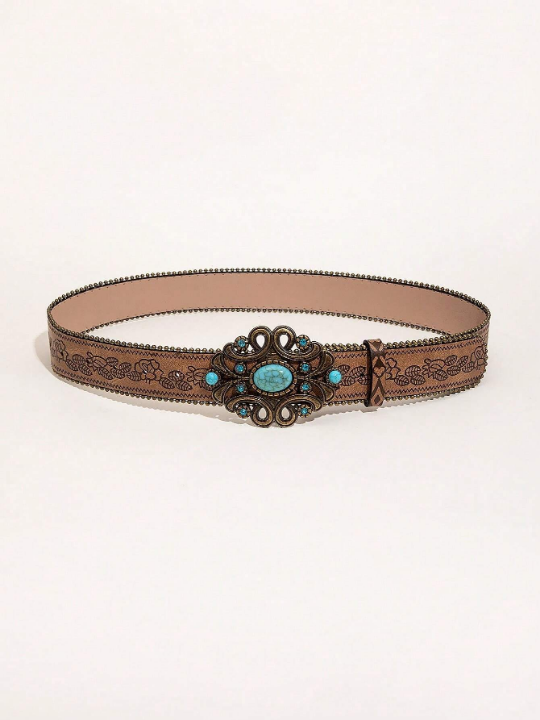 1pc Western Style Vintage Brown Pattern Pu Leather Belt With Beads