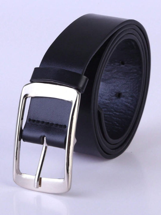 1pc Men's Silver Rectangle Buckle Pu Leather Belt, Suitable For Daily Use, Boyfriend Gift