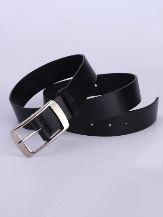 1pc Men's Silver Rectangle Buckle Pu Leather Belt, Suitable For Daily Use, Boyfriend Gift