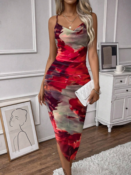 Priv Tie Dye Draped Collar Cami Bodycon Dress