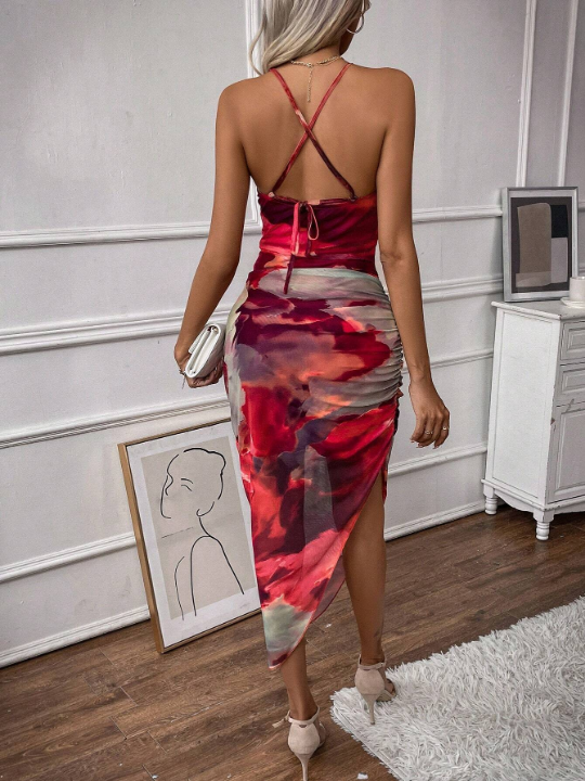 Priv Tie Dye Draped Collar Cami Bodycon Dress