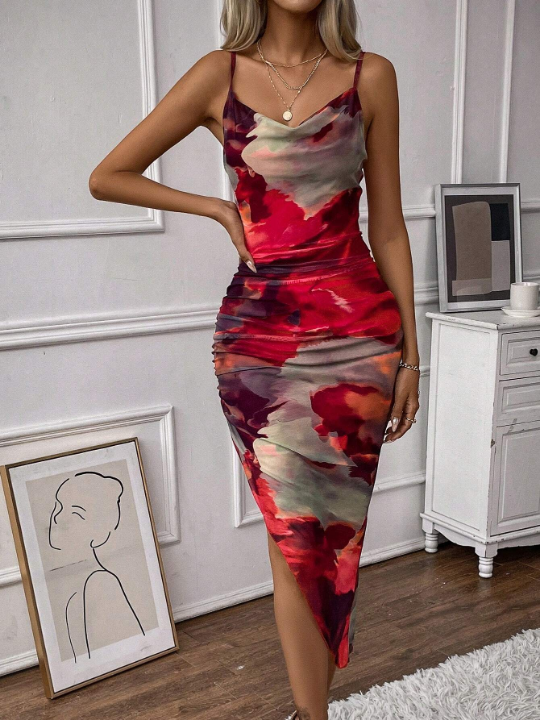 Priv Tie Dye Draped Collar Cami Bodycon Dress