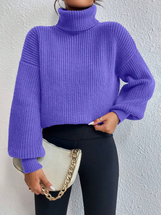 Frenchy Turtleneck Drop Shoulder Ribbed Knit Sweater