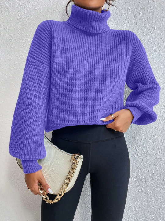 Frenchy Turtleneck Drop Shoulder Ribbed Knit Sweater