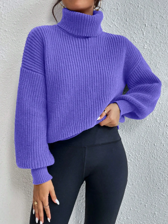 Frenchy Turtleneck Drop Shoulder Ribbed Knit Sweater