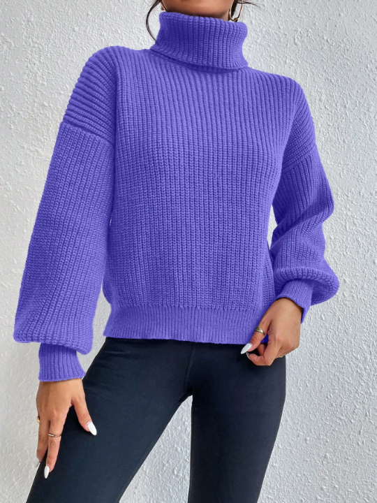 Frenchy Turtleneck Drop Shoulder Ribbed Knit Sweater