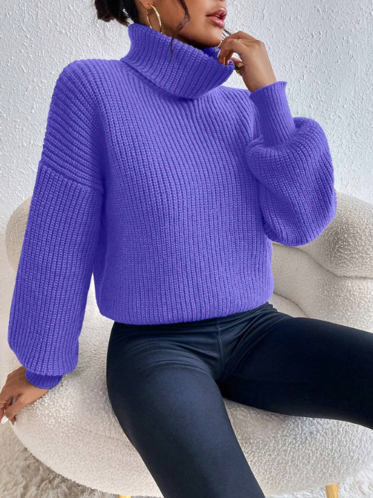 Frenchy Turtleneck Drop Shoulder Ribbed Knit Sweater