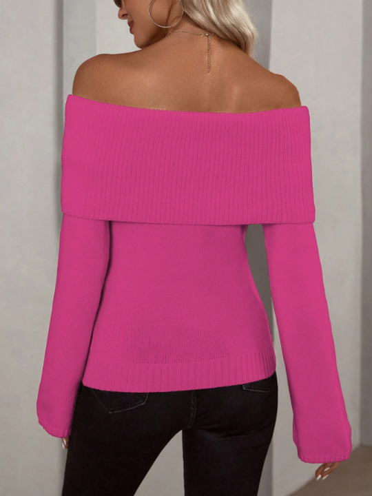 Frenchy Foldover Off Shoulder Ribbed Knit Sweater