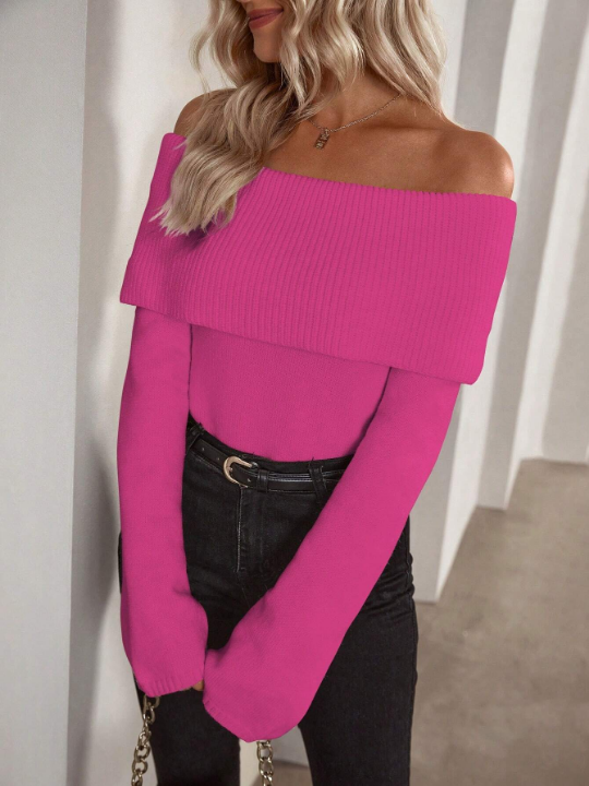 Frenchy Foldover Off Shoulder Ribbed Knit Sweater