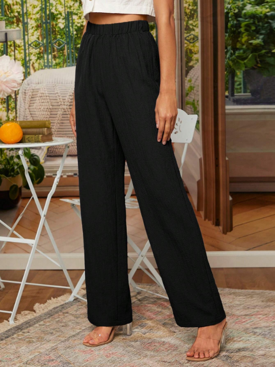 LUNE Solid Elastic Waist Straight Leg Pants