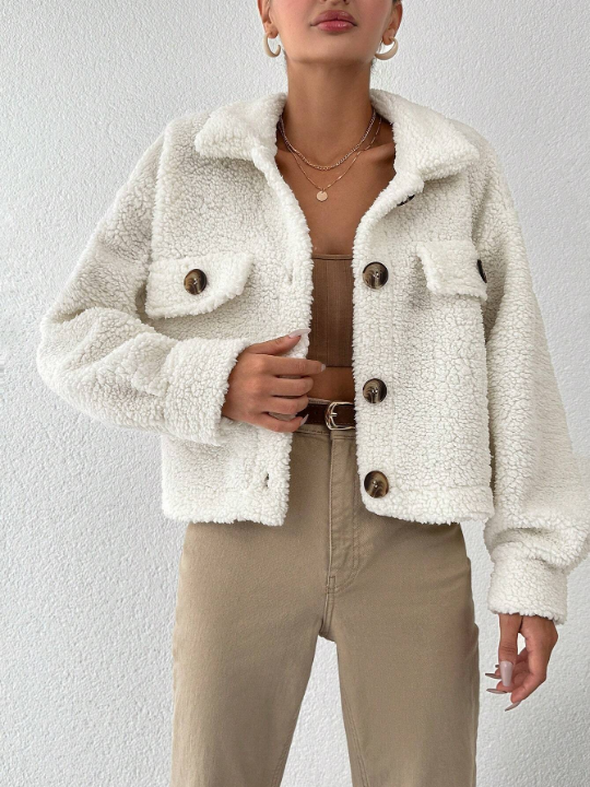 PETITE Flap Detail Drop Shoulder Teddy Jacket