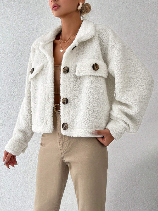 PETITE Flap Detail Drop Shoulder Teddy Jacket