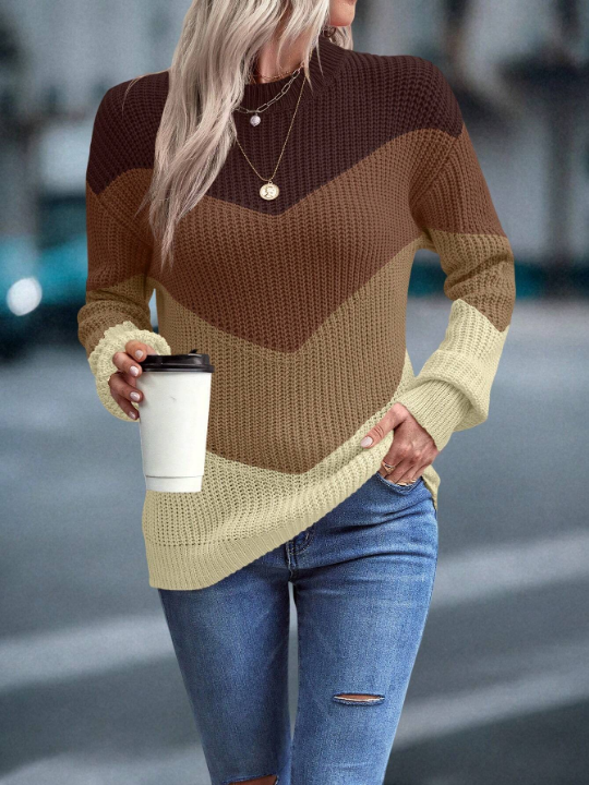 LUNE Color Block Chevron Pattern Drop Shoulder Sweater