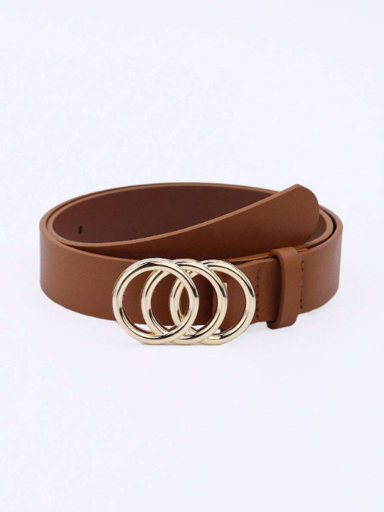 1pc Women's Three Circle Buckle Brown Pu Decorated Belt For Everyday Wear