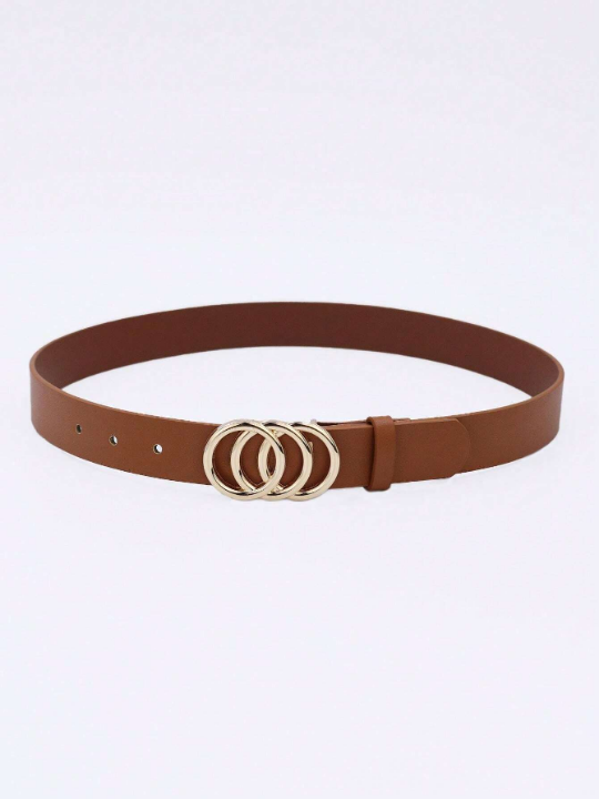 1pc Women's Three Circle Buckle Brown Pu Decorated Belt For Everyday Wear