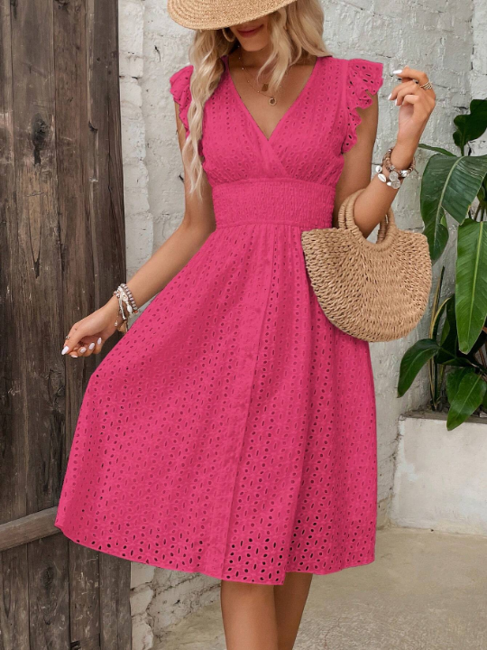 VCAY Eyelet Embroidery Butterfly Sleeve Dress