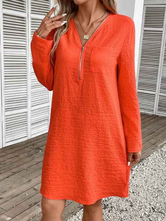 LUNE Roll Tab Sleeve Half Zip Tunic Dress