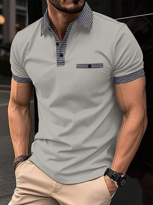 Men Gingham Print Contrast Trim Polo Shirt