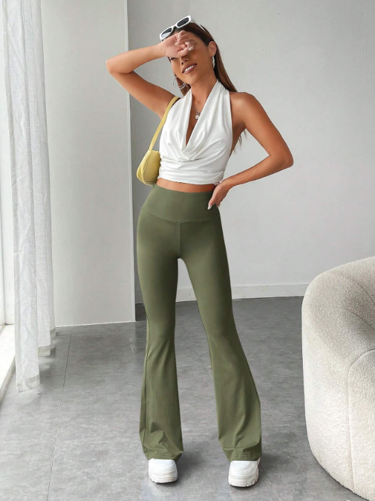 EZwear Wide Waistband Flare Leg Pants