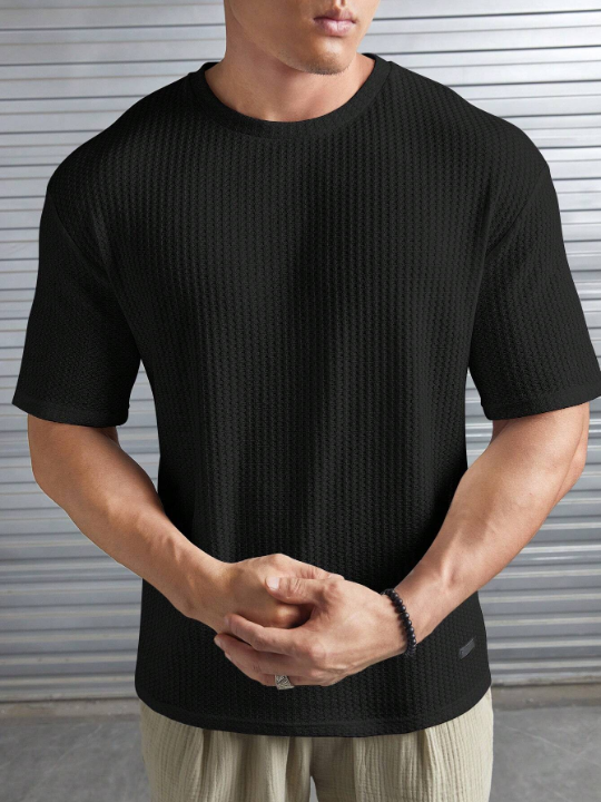 Manfinity Homme Loose-Fit Men's Solid Color Waffle Knit T-Shirt