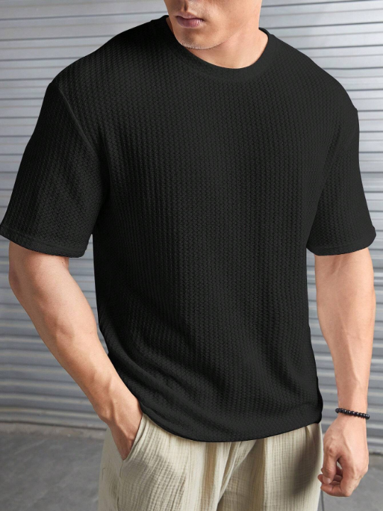 Manfinity Homme Loose-Fit Men's Solid Color Waffle Knit T-Shirt