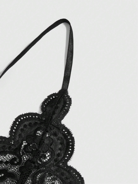 ROMWE Kawaii Floral Lace Scallop Trim Criss Cross Teddy Bodysuit