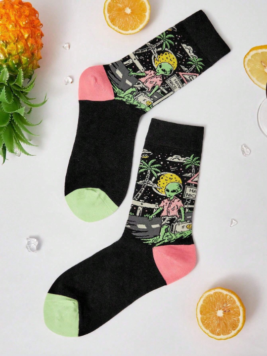 HELLFUNCO Alien Pattern Jacquard Mid-calf Socks For Men