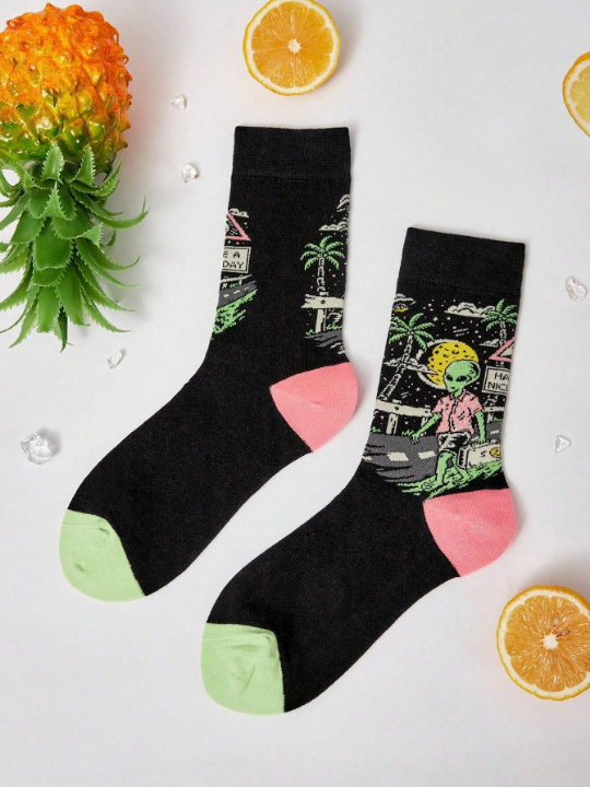HELLFUNCO Alien Pattern Jacquard Mid-calf Socks For Men