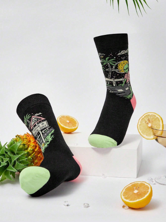 HELLFUNCO Alien Pattern Jacquard Mid-calf Socks For Men