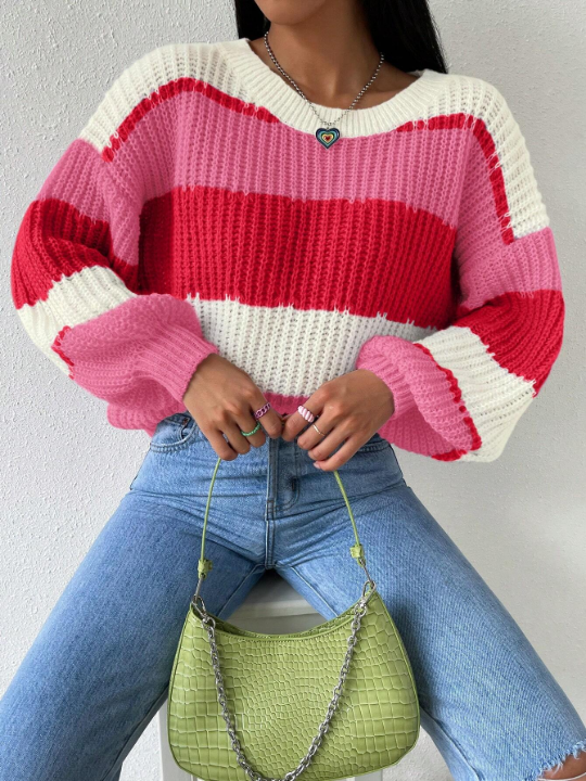 Essnce Color Block Drop Shoulder Ribbed Knit Sweater