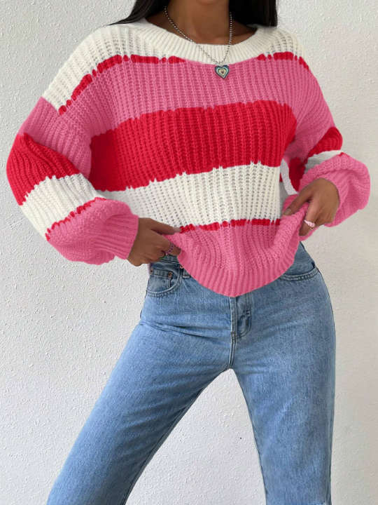 Essnce Color Block Drop Shoulder Ribbed Knit Sweater